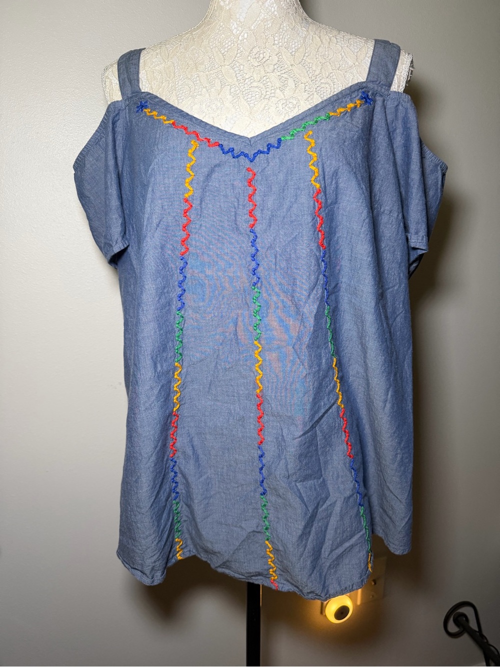 new directions Blue Cold-Shoulder Embroidered Tunic